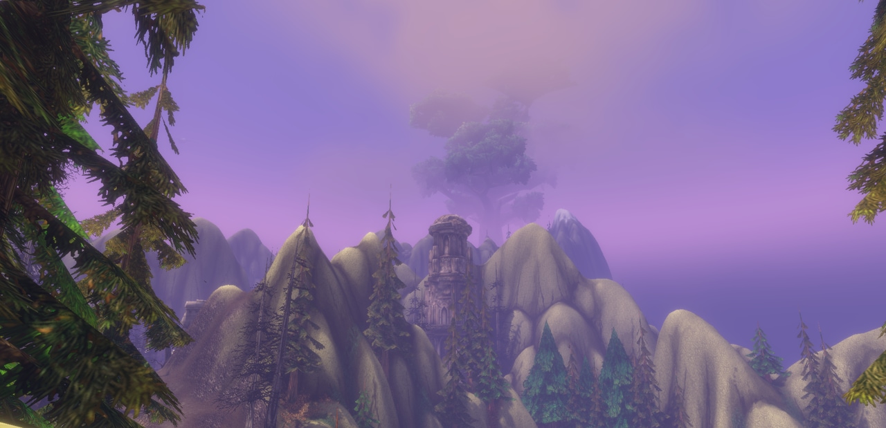 In-game view of Mount Hyjal under a purple sky
