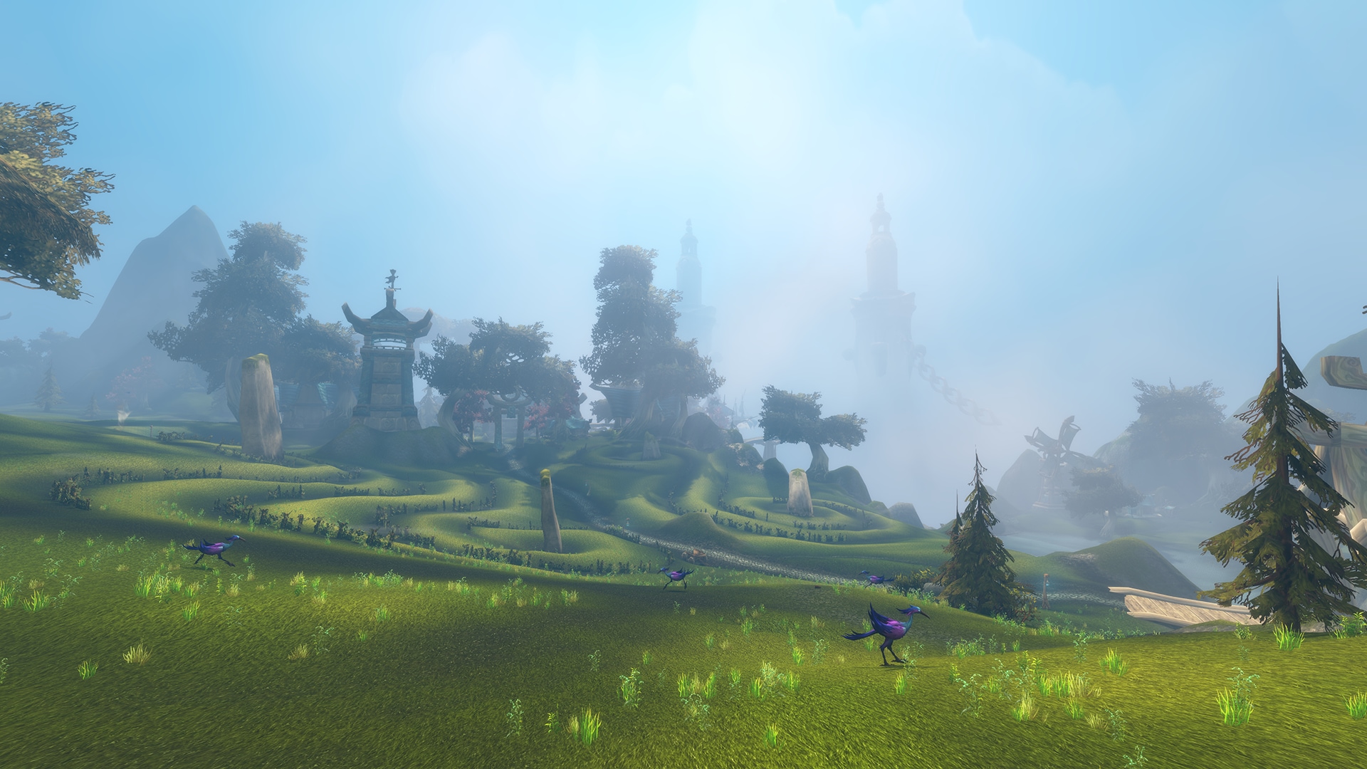Official in-game landscape of Zephras Isle with towers in the mist